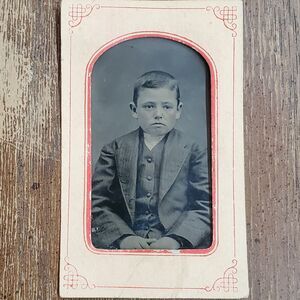 Antique Victorian Tintype Photo Young Boy in Paper Mat Frame 1800s Portrait